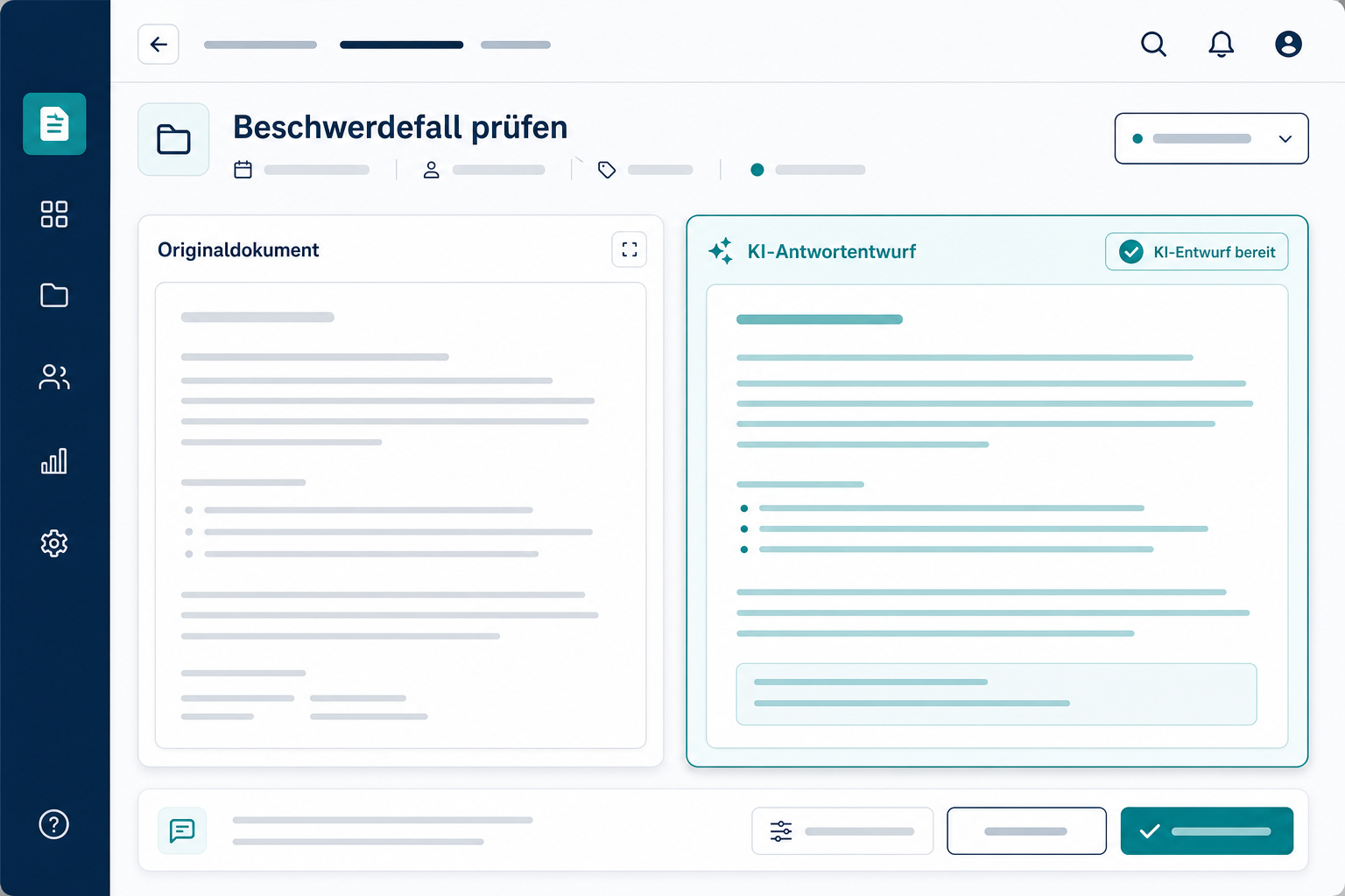 Beschwerdefall prüfen: Originaldokument links, KI-Antwortentwurf rechts